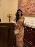 A Line Square Neckline Long Sleeves Pink Floral Prom Dresses Birthday Outfits Evening Gown SD921