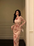 A Line Square Neckline Long Sleeves Pink Floral Prom Dresses Birthday Outfits Evening Gown SD921