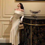 Sheath Off The Shoulder Long Sleeves Ivory Prom Dresses Birthday Outfits Evening Gown SD923