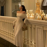 Sheath Off The Shoulder Long Sleeves Ivory Prom Dresses Birthday Outfits Evening Gown SD923