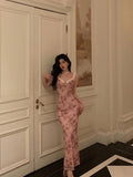 Sheath Straps Pink Floral Prom Dresses Long Birthday Outfits Evening Gown SD928