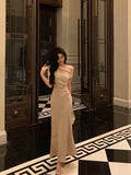 Mermaid One Shoulder Satin Champagne Prom Dresses Long Birthday Outfits Evening Gown SD934