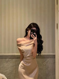 Mermaid One Shoulder Satin Champagne Prom Dresses Long Birthday Outfits Evening Gown SD934