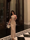 Mermaid One Shoulder Satin Champagne Prom Dresses Long Birthday Outfits Evening Gown SD934