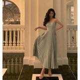 A line Spaghetti Straps Dusty Blue Prom Dresses Birthday Outfits Evening Gown SD938