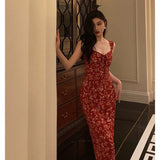 Sheath Spaghetti Straps Red Floral Prom Dresses Birthday Outfits Evening Gown SD940