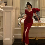Sheath Sweetheart Neckline Short Sleeves Red Prom Dresses Birthday Outfits Evening Gown SD941