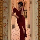 Sheath Sweetheart Neckline Short Sleeves Red Prom Dresses Birthday Outfits Evening Gown SD941