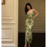 Sheath Spaghetti Straps Floral Green Prom Dresses Birthday Outfits Evening Gown SD943