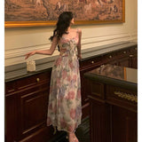 A line Spaghetti Straps Pink Floral Prom Dresses Birthday Outfits Evening Gown SD944