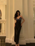 Sheath Spaghetti Straps Black Satin Prom Dresses Birthday Outfits Evening Gown SD947