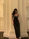 Sheath Spaghetti Straps Black Satin Prom Dresses Birthday Outfits Evening Gown SD947