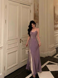 Sheath Spaghetti Straps Lilac Long Satin Prom Dresses Birthday Outfits Evening Gown SD950