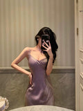 Sheath Spaghetti Straps Lilac Long Satin Prom Dresses Birthday Outfits Evening Gown SD950