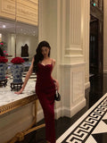 Sheath Spaghetti Straps Red Velvet Prom Dresses Birthday Outfits Evening Gown SD951