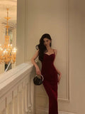 Sheath Spaghetti Straps Red Velvet Prom Dresses Birthday Outfits Evening Gown SD951