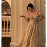 A Line Off The Shoulder Short Sleeves Floral Prom Dresses Birthday Outfits Evening Gown SD952