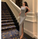 Sheath Scoop Neckline Dusty Blue Slit Prom Dresses Birthday Outfits Evening Gown SD955