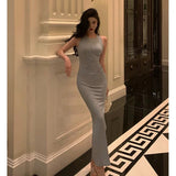 Sheath Scoop Neckline Dusty Blue Slit Prom Dresses Birthday Outfits Evening Gown SD955