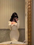 Sheath Strapless White Long Sleeves Prom Dresses Birthday Outfits Evening Gown SD960