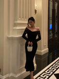 Mermaid Off The Shoulder Long Sleeves Black Prom Dresses Birthday Outfits Evening Gown SD963