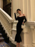Mermaid Off The Shoulder Long Sleeves Black Prom Dresses Birthday Outfits Evening Gown SD963