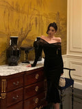 Mermaid Off The Shoulder Long Sleeves Black Prom Dresses Birthday Outfits Evening Gown SD963