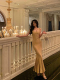 Mermaid Spaghetti Straps Yellow Long Prom Dresses Birthday Outfits Evening Gown SD965
