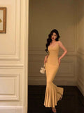 Mermaid Spaghetti Straps Yellow Long Prom Dresses Birthday Outfits Evening Gown SD965