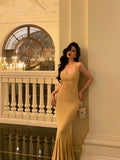 Mermaid Spaghetti Straps Yellow Long Prom Dresses Birthday Outfits Evening Gown SD965