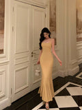 Mermaid Spaghetti Straps Yellow Long Prom Dresses Birthday Outfits Evening Gown SD965