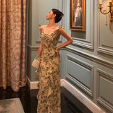 Sheath Square Neckline Floral Slit Prom Dresses Birthday Outfits Evening Gown SD966