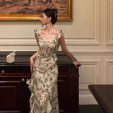 Sheath Square Neckline Floral Slit Prom Dresses Birthday Outfits Evening Gown SD966