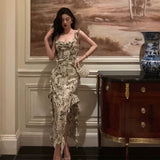 Sheath Square Neckline Floral Slit Prom Dresses Birthday Outfits Evening Gown SD966