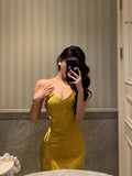 Sheath Spaghetti Straps Gold Prom Dresses Birthday Outfits Evening Gown SD969