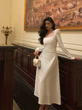 A line Square Neckline Long Sleeves White Prom Dresses Birthday Outfits Evening Gown SD975