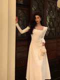A line Square Neckline Long Sleeves White Prom Dresses Birthday Outfits Evening Gown SD975
