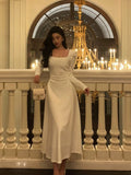 A line Square Neckline Long Sleeves White Prom Dresses Birthday Outfits Evening Gown SD975