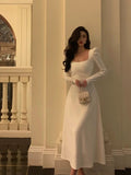 A line Square Neckline Long Sleeves White Prom Dresses Birthday Outfits Evening Gown SD975