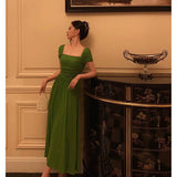 A Line Square Neckline Green Long Prom Dresses Birthday Outfits Evening Gown SD978