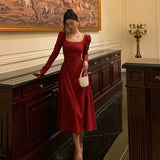 A Line Square Neckline Red Velvet Prom Dresses Birthday Outfits Evening Gown SD979