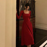 A Line Square Neckline Red Velvet Prom Dresses Birthday Outfits Evening Gown SD979