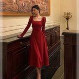 A Line Square Neckline Red Velvet Prom Dresses Birthday Outfits Evening Gown SD979