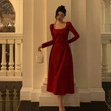 A Line Square Neckline Red Velvet Prom Dresses Birthday Outfits Evening Gown SD979