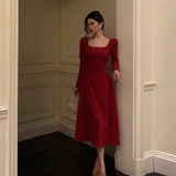 A Line Square Neckline Red Velvet Prom Dresses Birthday Outfits Evening Gown SD979