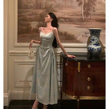 A Line Spaghetti Straps Green Floral Ruffles Prom Dresses Birthday Outfits Evening Gown SD982