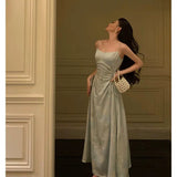 A Line Spaghetti Straps Green Floral Ruffles Prom Dresses Birthday Outfits Evening Gown SD982