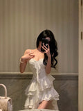 High Low Spaghetti Straps White Chiffon Ruffles Prom Dresses Birthday Outfits Evening Gown SD987