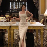 Sheath Straps White Slit Prom Dresses Birthday Outfits Evening Gown Party Dress SD988