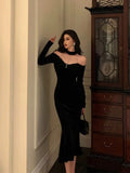 Mermaid High Neckline Black Velvet Prom Dresses Birthday Outfits Evening Gown SD990